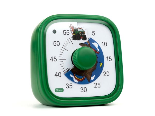 Close-up of a green visual timer set to 35 minutes, featuring a monster truck illustration at the top and a mud trail disk with a dinosaur and clouds. The timer has bold black numbers from 0 to 60 and a green central dial.
